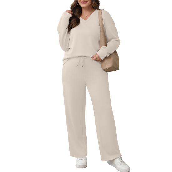 Tenues deux pièces pour femmes Décontractées Automne Tenues d'intérieur Sweatshirts Manches longues Col en V Pantalons larges Ensembles assortis