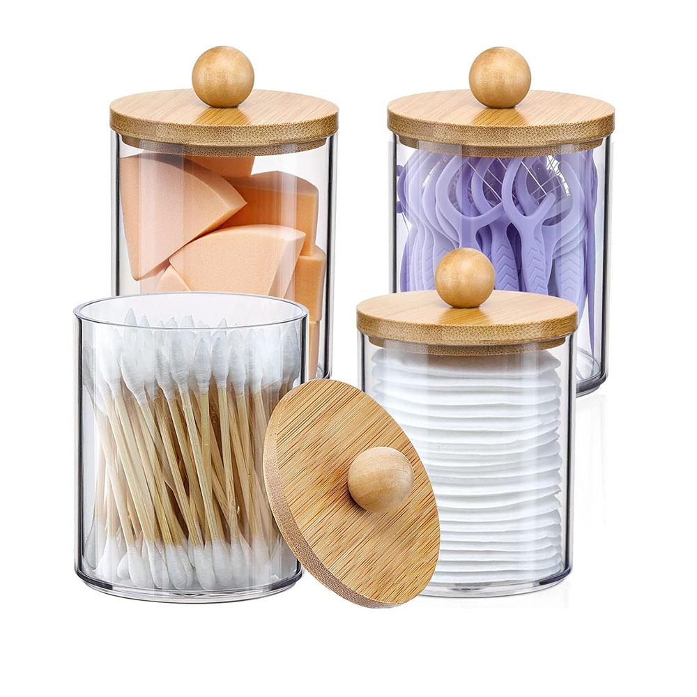 Qtip Holder Dispenser with Bamboo Lids,Clear Plastic Containers for Vanity Makeup Organizer Storage,Cotton Swab,Ball,Pads,Floss