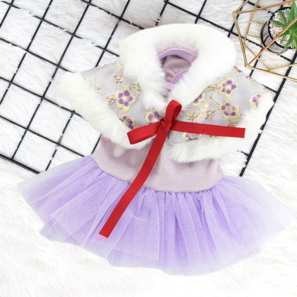 Dog Clothes Chinese Tang Pet Dress Cape Plush Scattered Hem Flower Print Bow-knot  Lace Up Winter Dress Christmas New Year