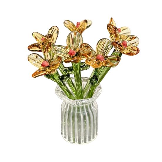 1 Set Glass Flower Bouquet with Vase Hand-Blown Mini Flower Decoration Home Living Room Handmade Simulation Floral Ornament with Stem