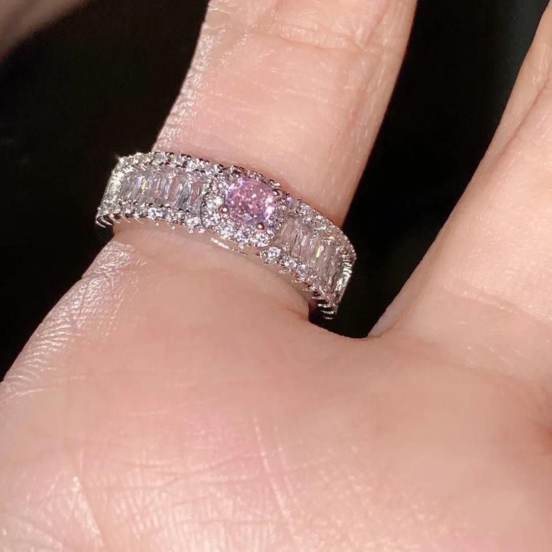 

Hui Zhi Yi 2024 S925 Sterling Silver Pink Diamond Cute Girlish Style 5mm High Carbon Diamond Jewelry Size 9