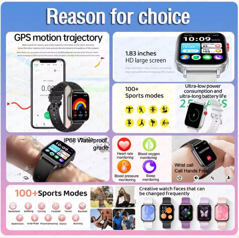 2025 New Smart Watch Women Gift 1.83“ HD Screen GPS Track Heart Rate Monitor Waterproof BT Call Sport Smartwatch
