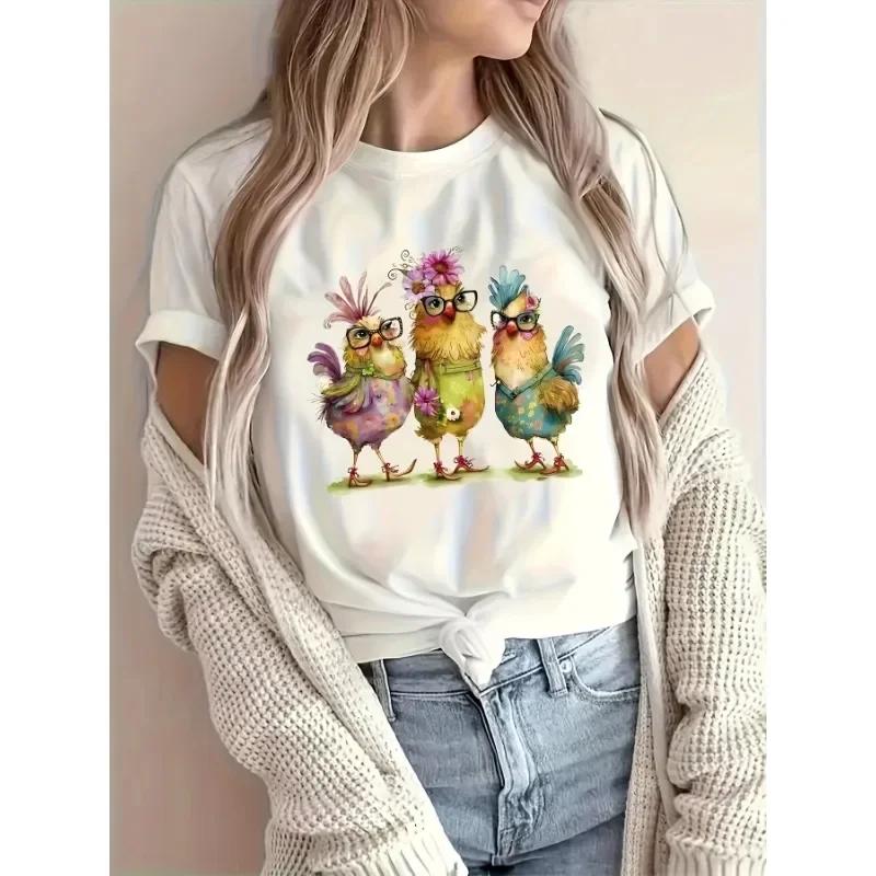 2024 Summer Fashion Women's T-shirt Fun Chicken Flower Animal Print T-shirt Femme Harajuku Shirt Kawaii Clothing T-shirt Women
