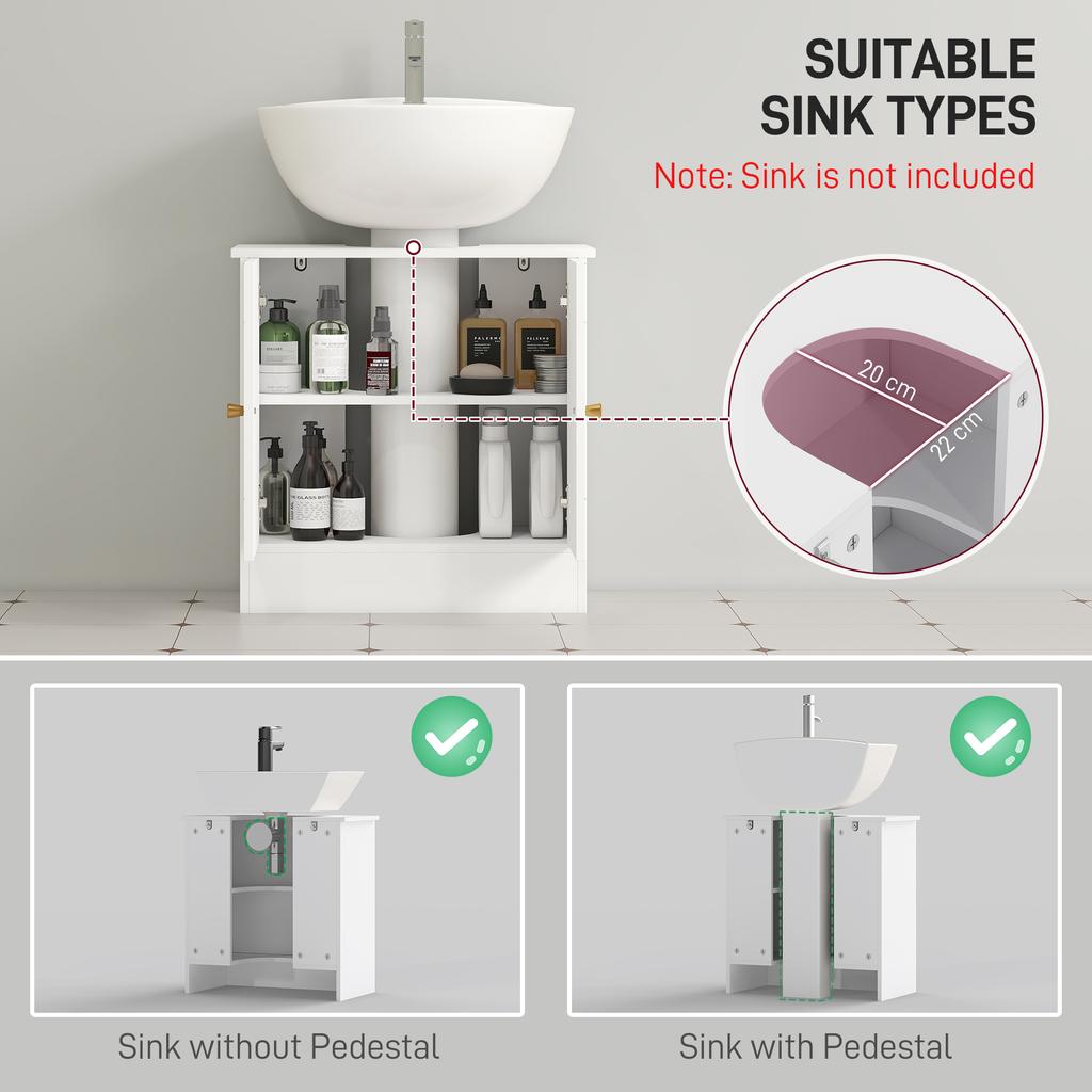 Under Sink Bathroom Cabinet, Under Sink Cabinet with Adjustable Shelf and Open Compartment for Basin with or without Pedestal, 60 x 30 x 60cm, White