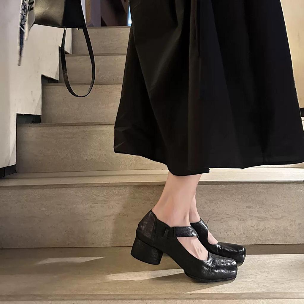 Women's Genuine Leather Ballet Flats, Autumn 2024, Square Toe, Chunky Heel, Vintage Low-Cut Mary Jane Shoes