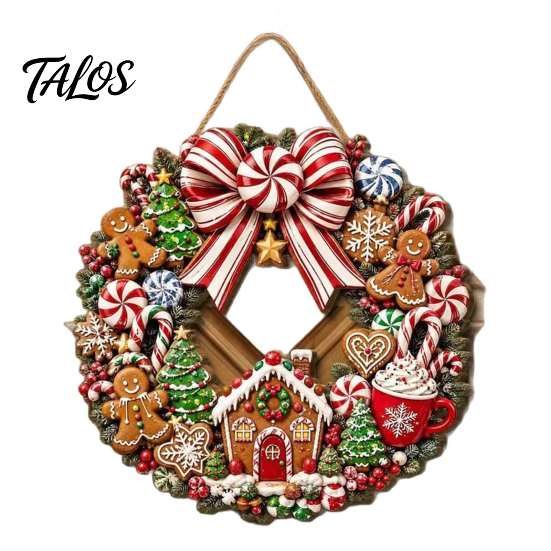 Seasonal Front Door Decor Gingerbread Man Wreath Wooden Sign for Door, Retro Christmas Hanging Plaque with Holiday Porch Decoration Candy Cane Bow And