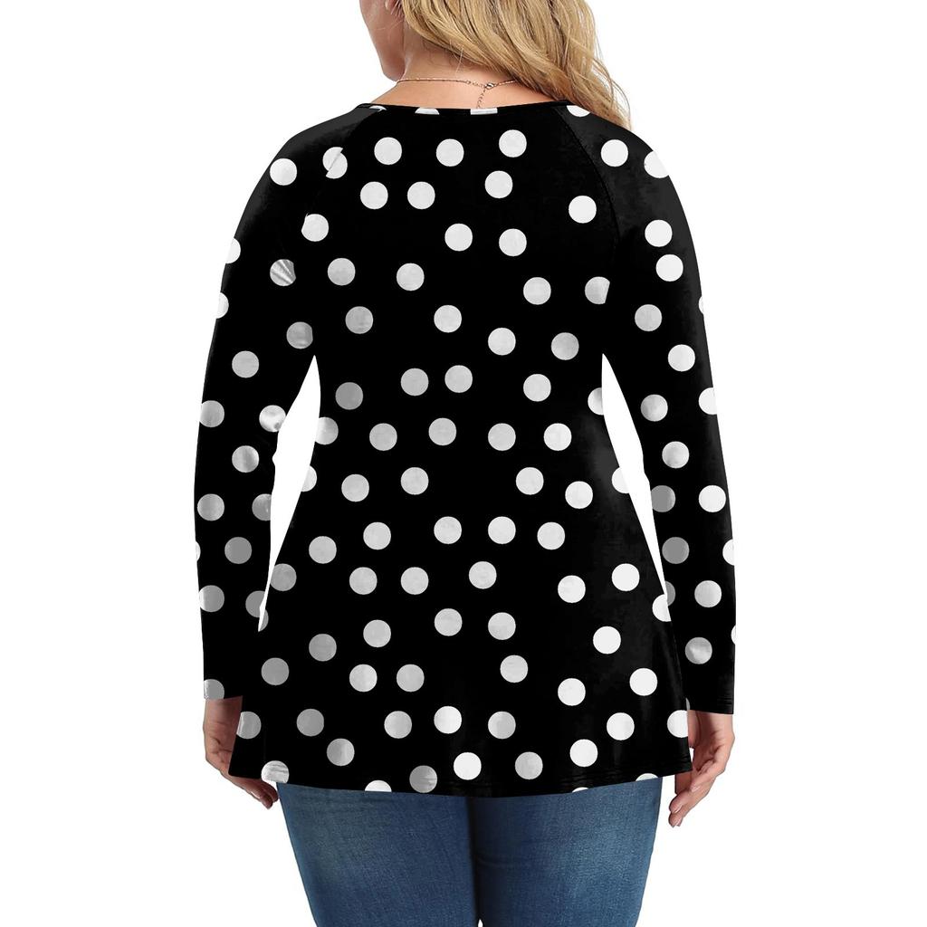 Women's Plus Size Shirt Long Sleeve  Print Top Pleated Casual V-Neck Top