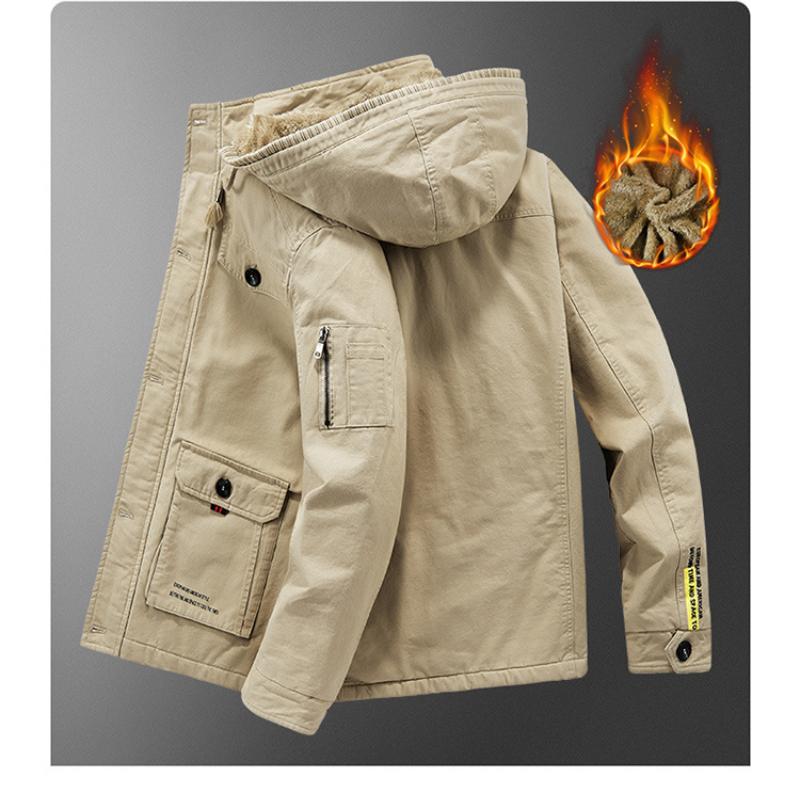 Winter Men's Cotton Coat Plus Velvet and Thickened Coat, Work Jacket, Multi-pocket Hooded Top Coat