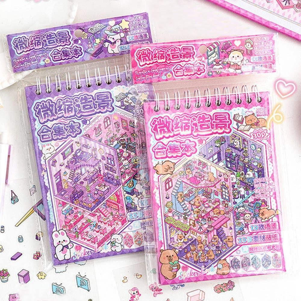 Kawaii PET Miniature Scene Collection Visual Stacking Cartoon 3D Pocket Cabin Scene Stickers DIY 3D Landscape Sticker Book Kids