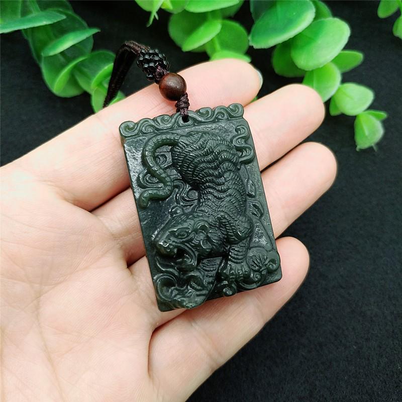 Natural Hetian Green Jade Zodiac Tiger Pendant Necklace