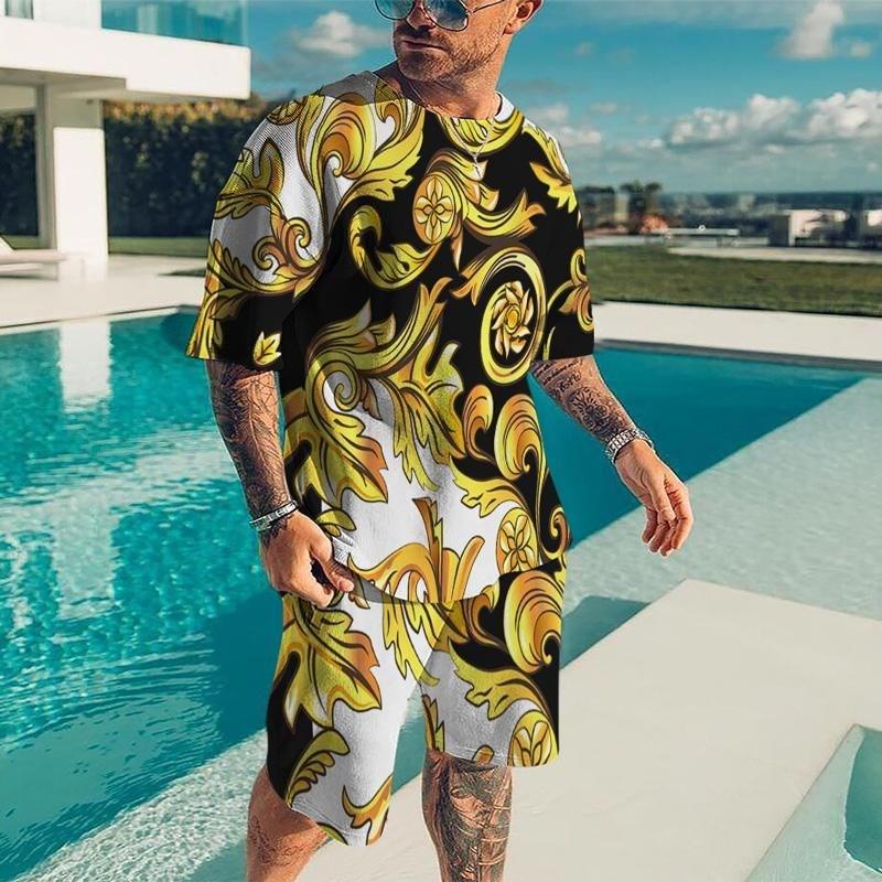 Summer New Men's 3D Printed Luxury Gold Pattern Fashion Casual Sportswear Short Sleeve T-shirt Set Men's T-shirt Two Piece Set