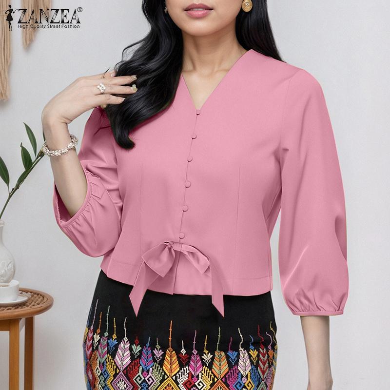 

ZANZEA Women Casual V-Neck Solid Color 3/4 Sleeve Blouse S жёлтый