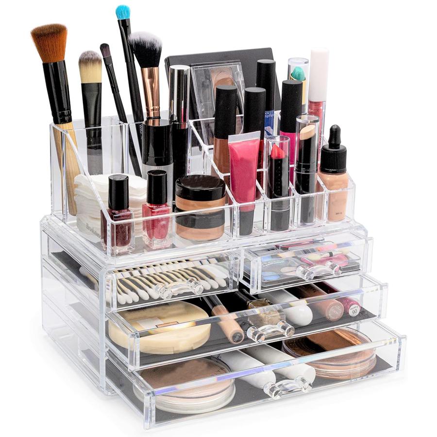 2 Pack Clear Make Up Organizer Countertop,Stackable 4 Drawers Makeup Storage,Vanity Organizers for Dresser Hair Clip,Jewelry