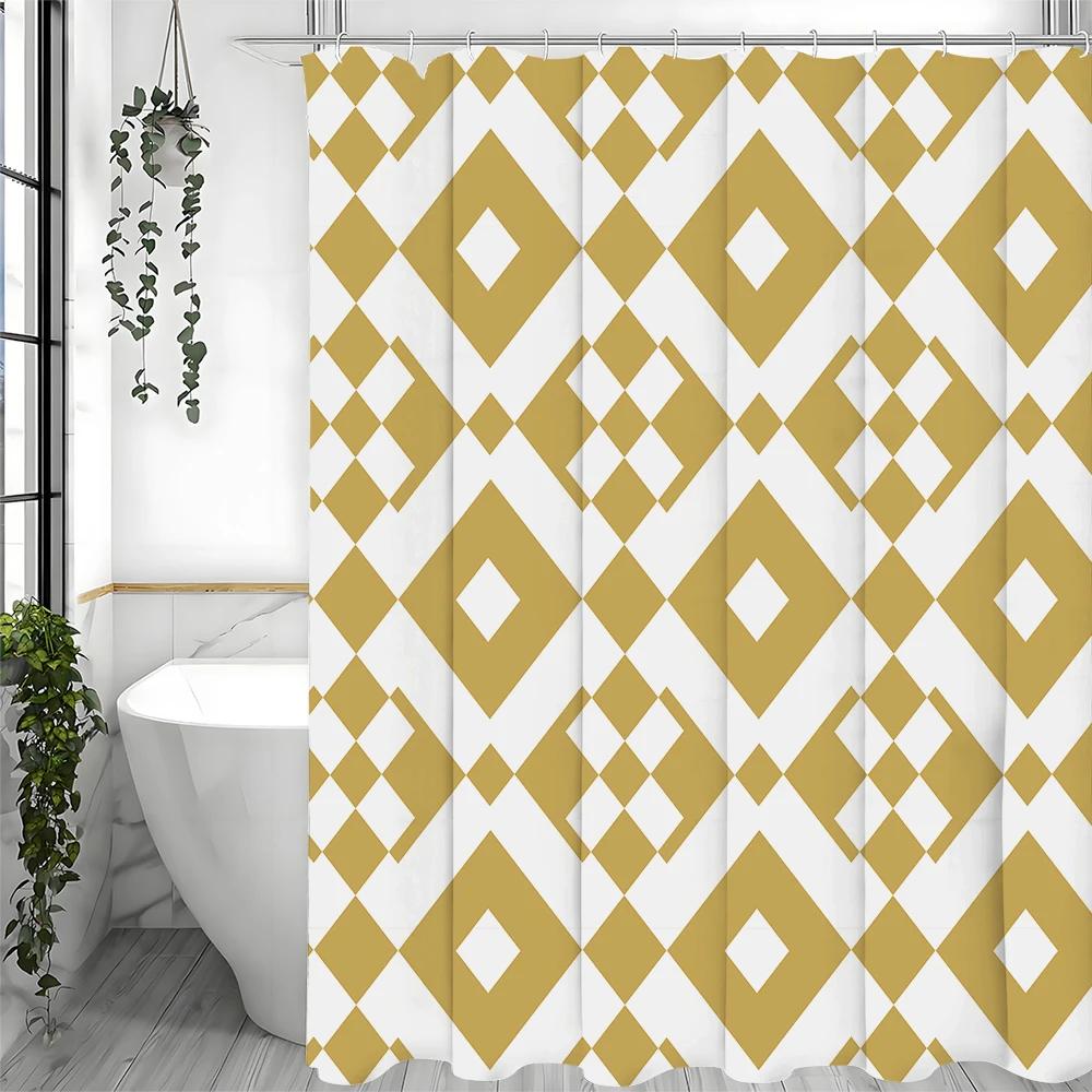 Creative Geometric Yellow Shower Curtain, Bathroom Decorative Shower Curtain, Waterproof Shower Curtain with Hooks