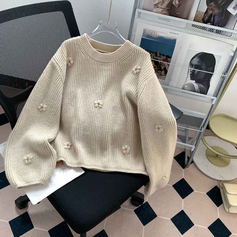Sweater Women Winter Knitted Pullover Fir Loose Vintage Embroidered Flowers Knit Sweater