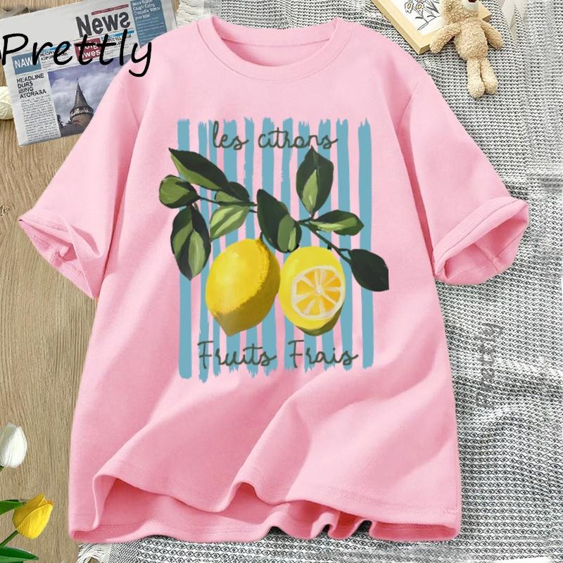Sommer Zitrone T-Shirt Vintage Cottagecore Französisches T-Shirt Baumwolle Zitrone T-Shirt Urlaub Strand T-Shirt Lässige Kurzarmtops