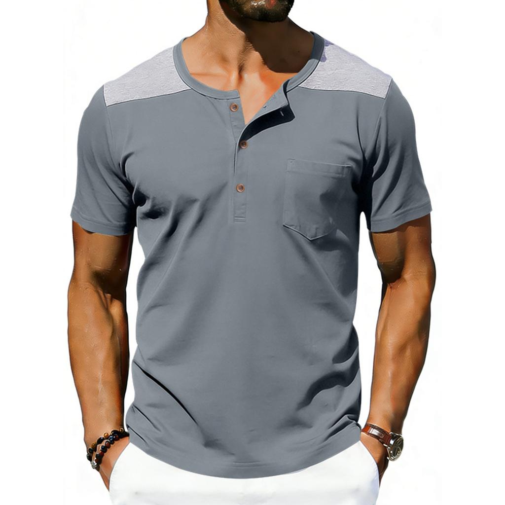 Men's Round Neck Single Breasted Casual Sportswear With Pockets And Contrasting Colors Short Sleeved
