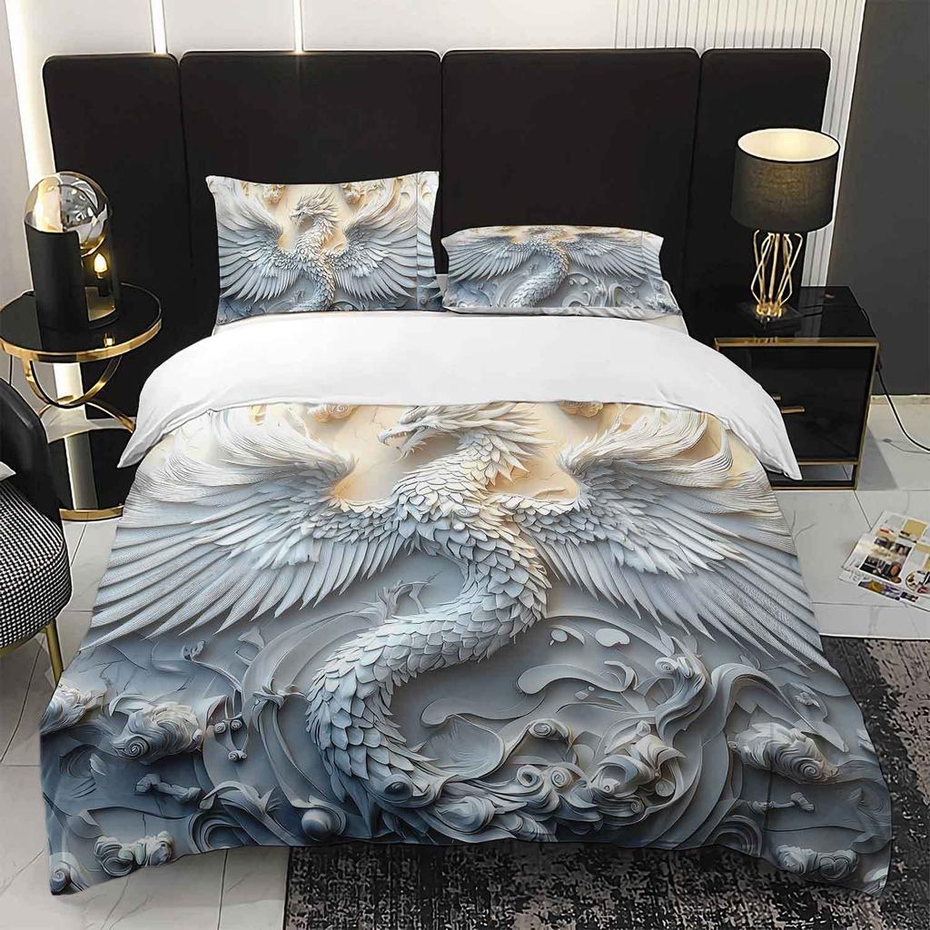 3pcs Luxury Phoenix Relief Bedding Duvet Cover Set Elegant Phoenix Bedding Quilt Set 3D Phoenix Themed Bed Quilt Set Gray White