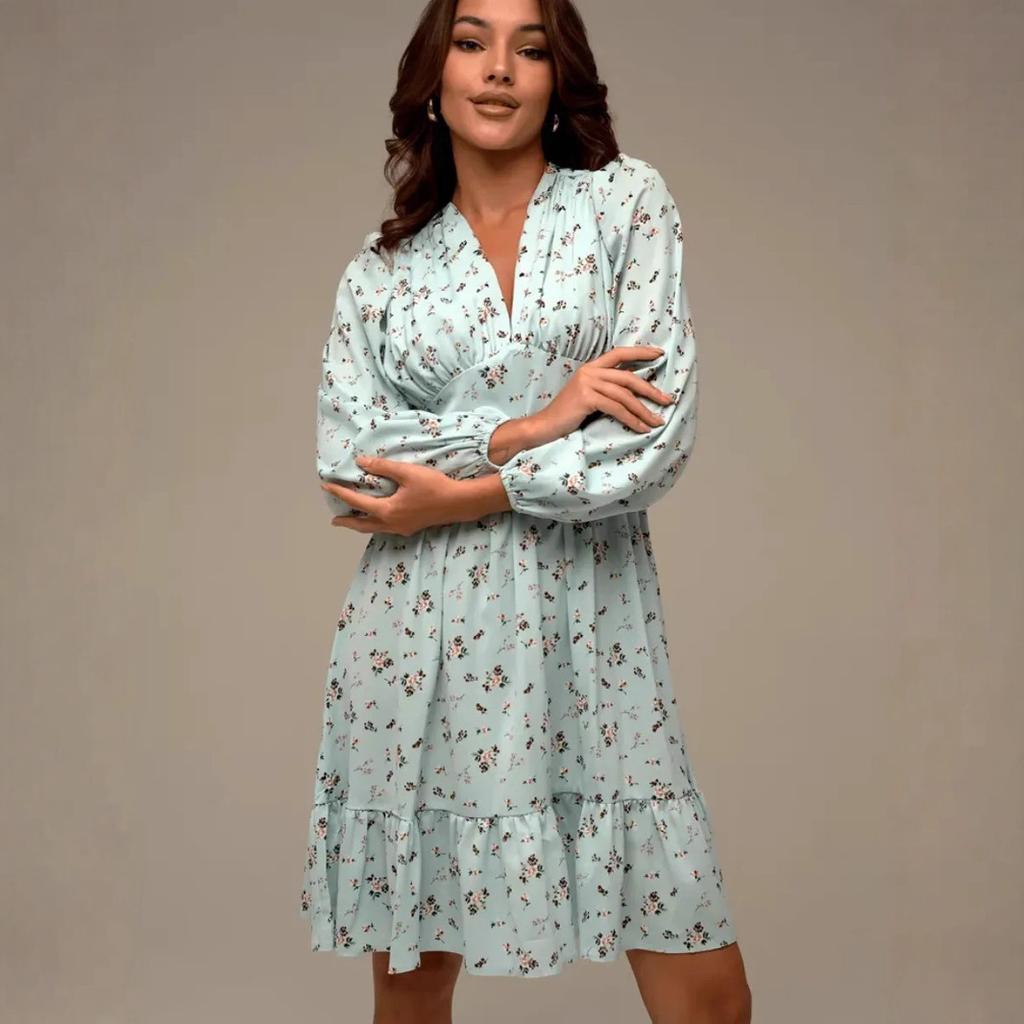 women's ditsy floral wrap v neck bubble long sleeve ruched waist ruffle hem midi a line dress fall casual sundress