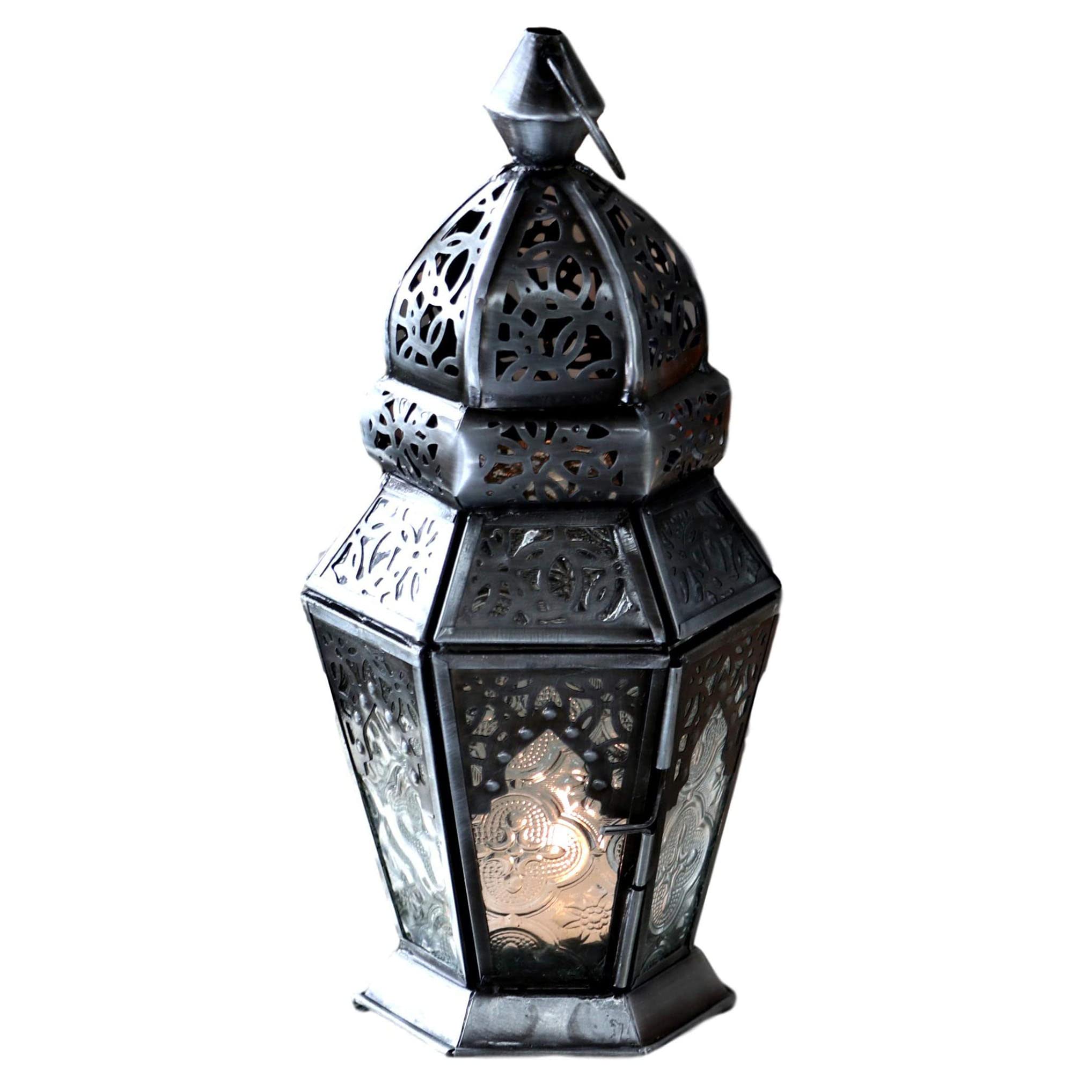 

Moroccan Lantern Candle Holder, 23cm Tall, Oriental Lamp with Six Relief Glass Panels (Clear)