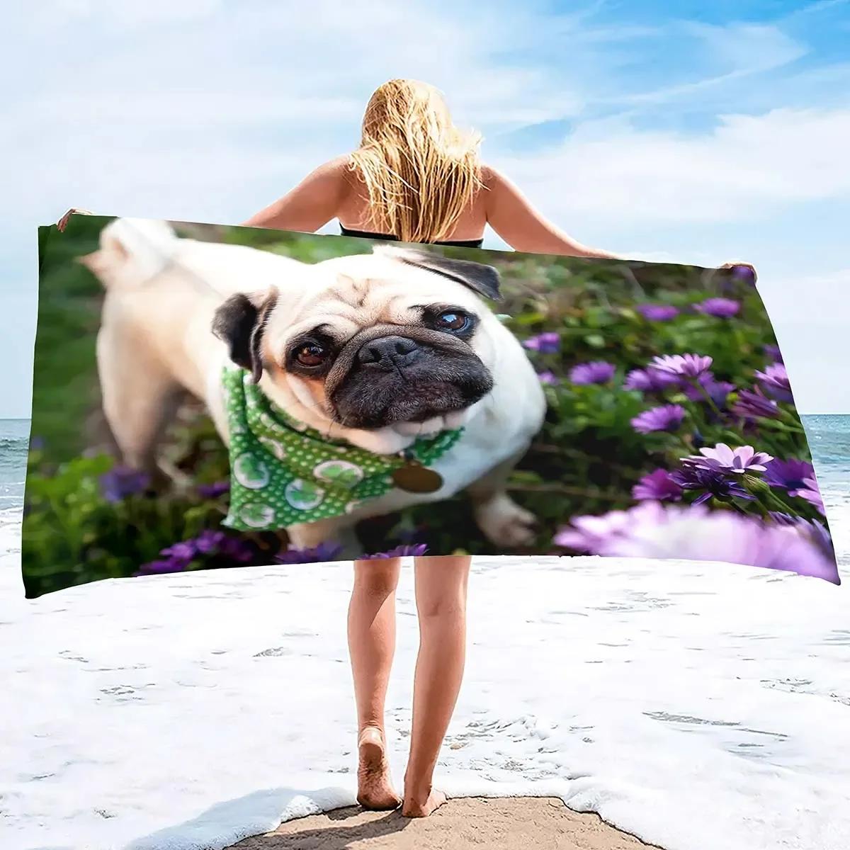 

Microfiber Lightweight Thin Beach Towels for Adult and Kid Compact Sand Free Swim Pool Blanket Pug-dog puppy Print W40*H60(CM)
