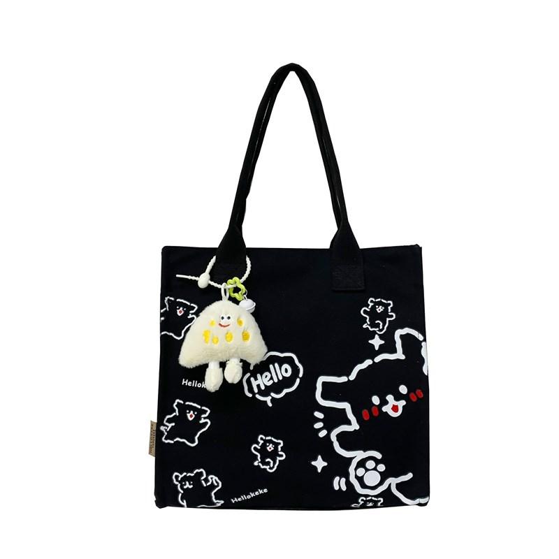 Einseitige Canvas-Tasche, Damen-Nachhilfetasche, strukturierte großvolumige süße Cartoon-Tragetasche für Mittel- und Oberstufe