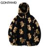 Fleece Hooded Jackets Streetwear Casual Harajuku Hip Hop Men Women Fashion Bear Print Full Zip Hooded Coat Tops Outwear