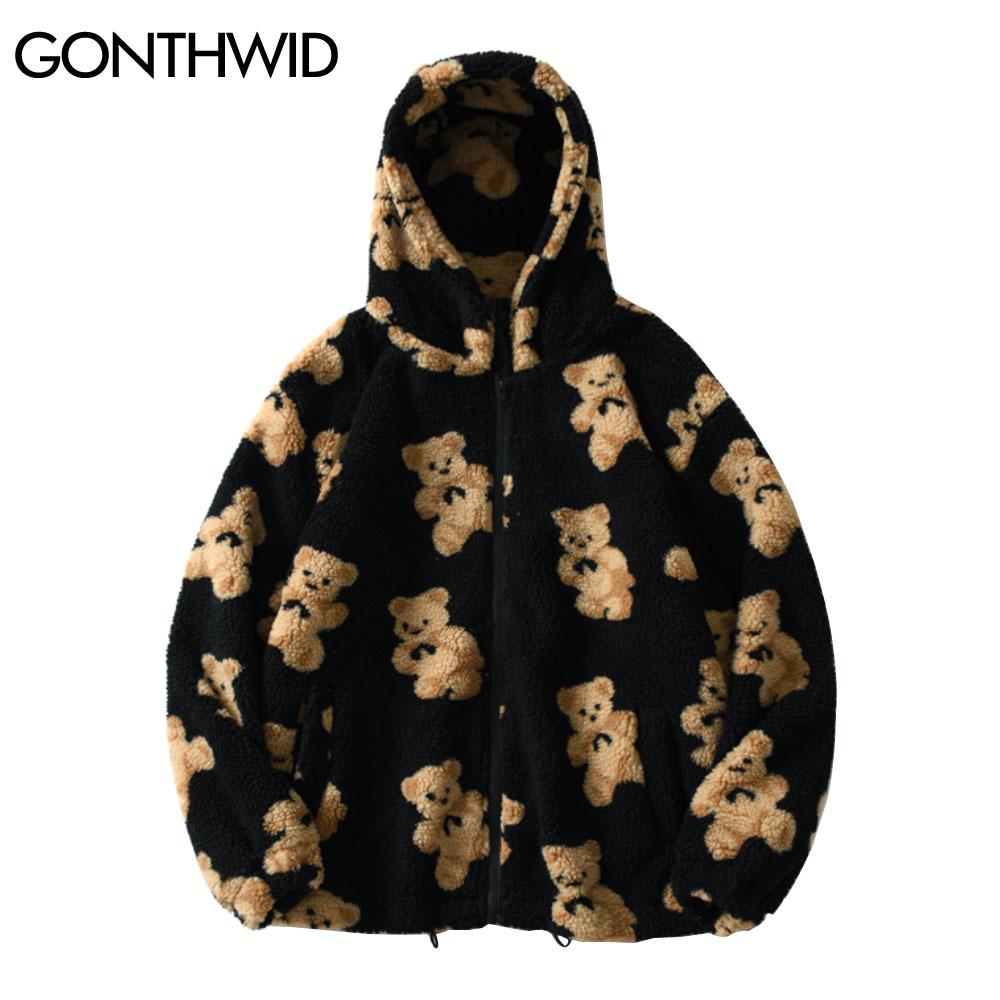 Fleece Hooded Jackets Streetwear Casual Harajuku Hip Hop Men Women Fashion Bear Print Full Zip Hooded Coat Tops Outwear