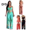 2 Pcs/Set Women Vacation Outfit V Neck Backless Sleeveless Camisole High Waist Wide Leg Printed Pants Set Beach Crop Top Trousers Set Resort Wear