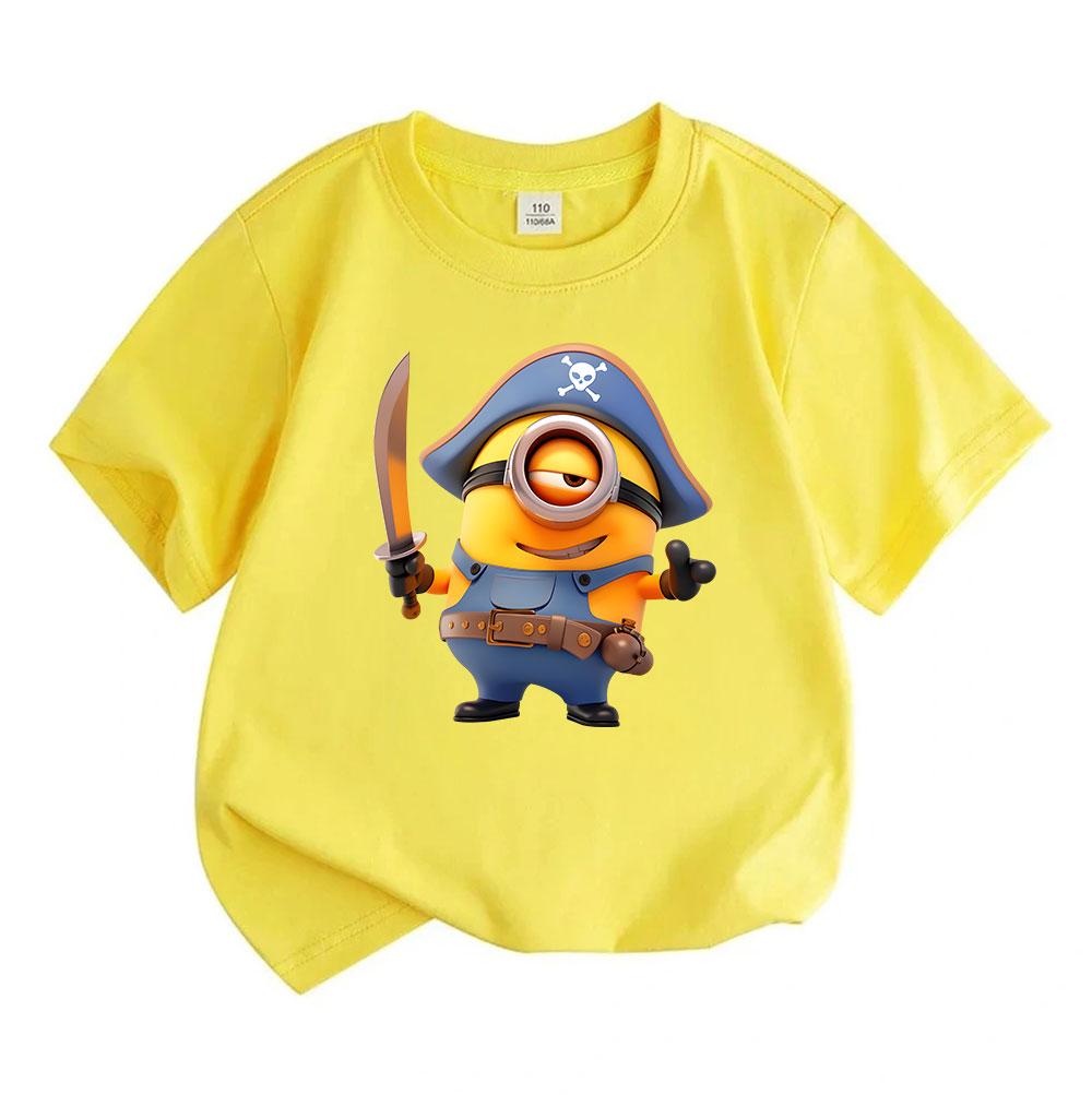 Kids Boys Girls Crew Neck Short Sleeve 100% Cotton T-shirt, Cute Pirate Yellow Funny Character Printed Casual Soft Breathable Tee for Children Daily W