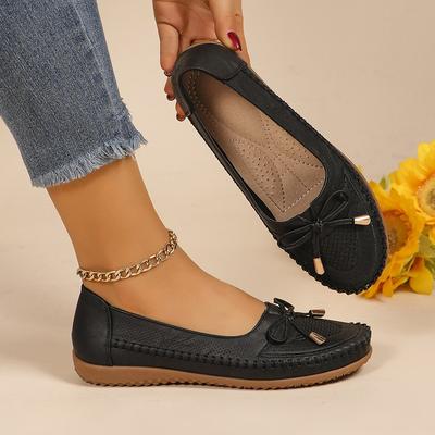 Fashion Loafers Summer Flats Shoes for Women 2024 Comfort Solid Breathable Hollow PU Leather Bow Decorated Flat Single Shoe