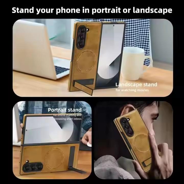 Magnetic PU Leather Kickstand Phone Case Shell for Samsung Z Fold Flip 7 6 5 Wireless Charging Case Designer Mobile Phone Case