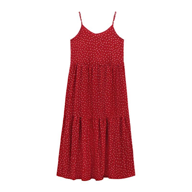 

Французский стиль Ретро Летняя Элегантная А-силуэта Юбка Цветочные Бретели Red L