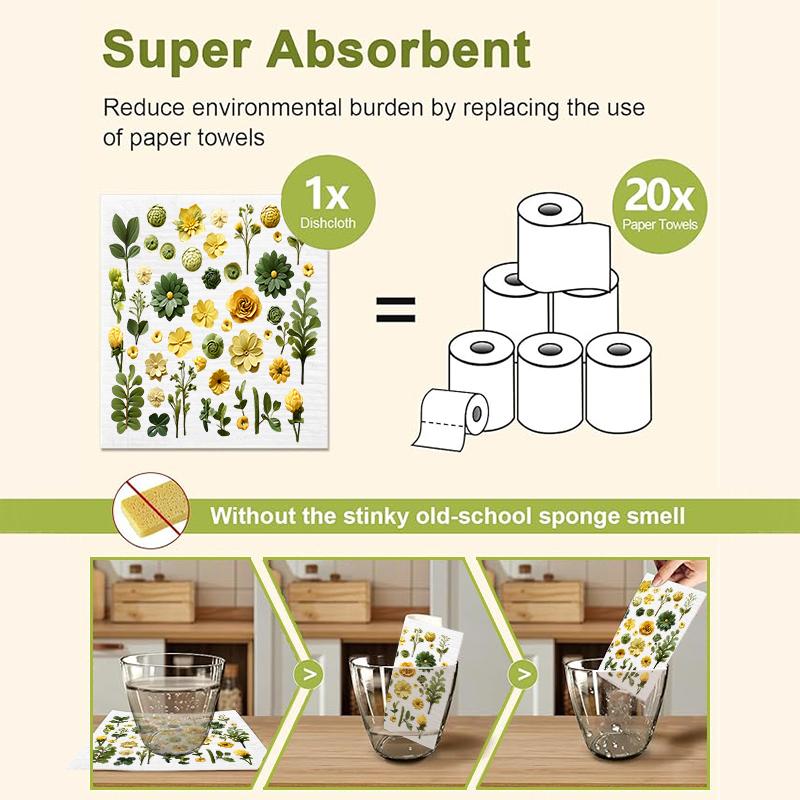 6PCS Green Leaves Printed Swedish Dishcloths Eco-Friendly Kitchen Rags Absorbent Dish Towels Reusable Washable Cleaning Cloths