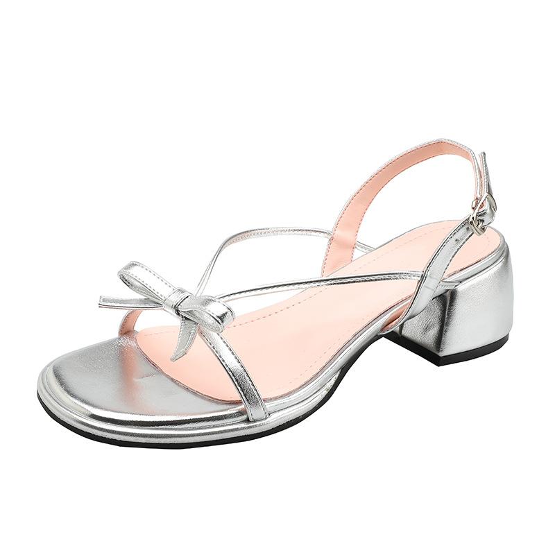 

French Chunky Heel Sandals,Summer New Round Toe Niche Bow Open Toe Roman Sandals for Women, Trendy Beach Travel Shoes 35 серебряный