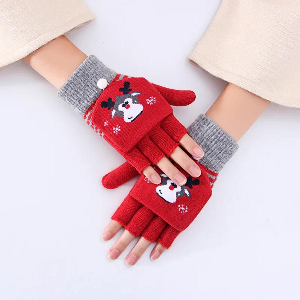 Winter Cute Girls Christmas Gloves Kids Warm Cartoon Gloves Students Fingerless Writing Gloves with Flip Cover 7-13Y