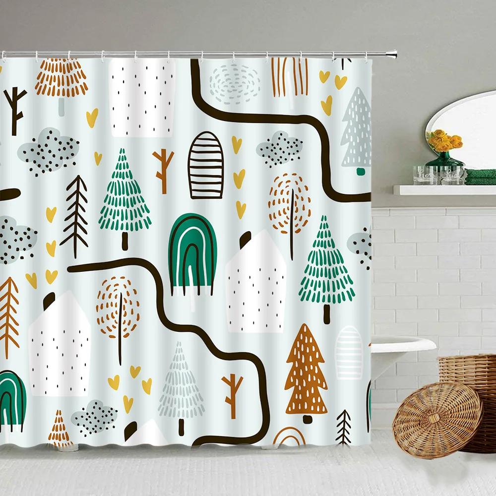 Cartoon Handbemalter Tier Duschvorhang, Katze, Vogel, Kaninchen, Pflanze, Blume, Kinder Badezimmer Dekor mit Haken, Hängender Sichtschutz