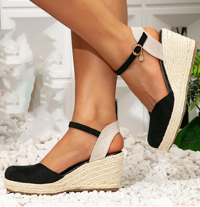 LIHUAMA zamszowe koturny okrągły nosek pasek na kostkę wysoki obcas sandały buty damskie espadryle czółenka komfortowe codzienne sandały impreza