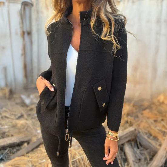 Women Jacket Stand Collar Long Sleeve Woolen Coat with Pockets Solid Color Warm Lightweight Coat Daily Wear