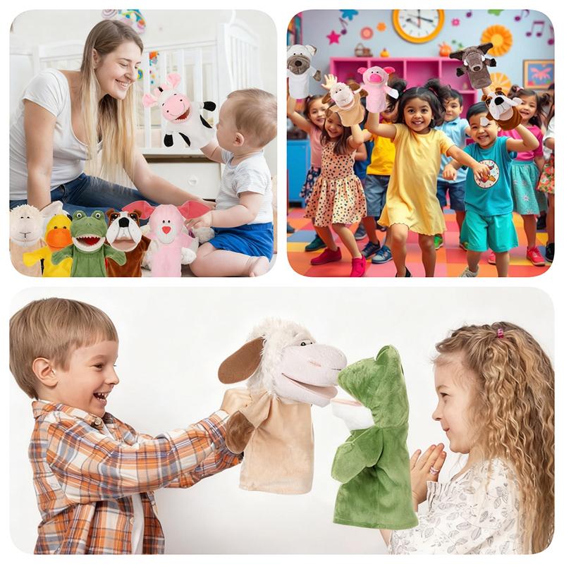 4-12Pcs Animal Hand Puppets Stuffed Plush Animals with Working Mouth for Party Favors Birthday Gifts Storytelling Theater 25cm