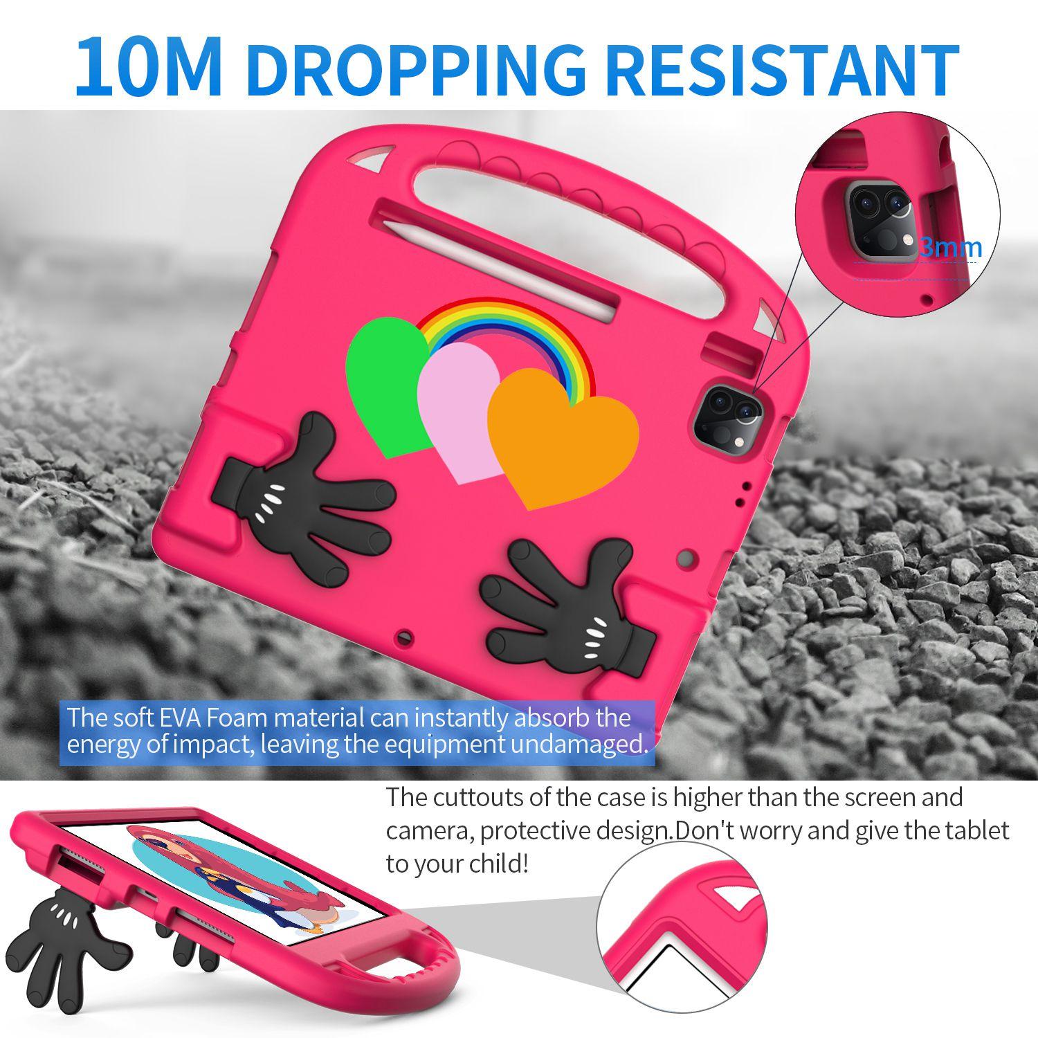 

For iPad Air (2020)/iPad Pro 11 (2018)/(2020)/(2021)/(2022) EVA Case Love Heart Pattern Palm Shape Anti-Drop Tablet Kickstand Case with Grip Handle Rose