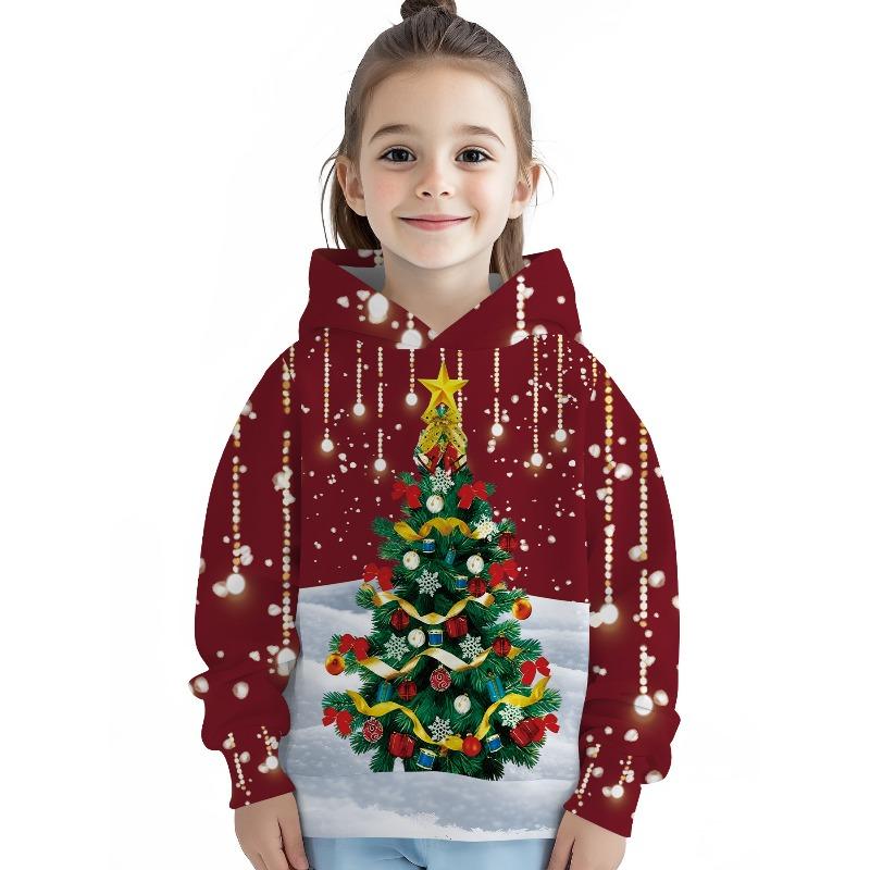 Autumn and Winter Children's Christmas Tree 3D Printed Hooded Comfortable and Versatile Breathable Hoodies & Sweatshirts (Girls)