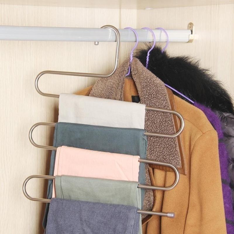 New 5 Layers Stainless Steel Trousers Hanger Pants Clothes Holder Rack S Shape