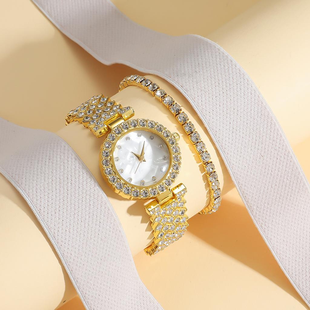 5-piece Set of Popular Round Dial Full Diamond Women's Quartz Watch Wristband Accessories Without Gift Box