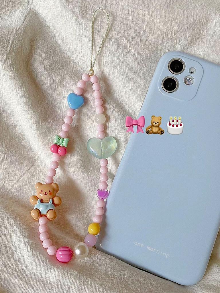 Cute Teddy Bear Mobile Phone Chain Original Design Fresh And Youthful Girl Heart Instagram Style Pink Cherry Heart Beading, Ni