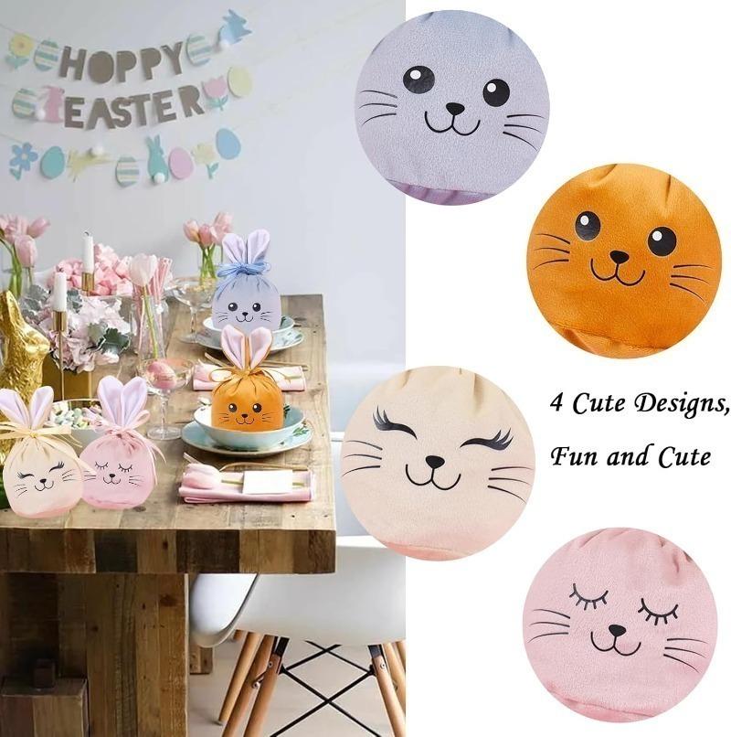 Easter Bunny Ears Plush Gift Bags with Drawstring Candy Bags for Basket Filling Spring Holiday Party Supplies