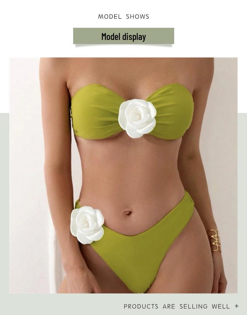 2024 Sexy Solid Color Halter Bandeau Two-Way Flower Bikini Swimsuit for Women