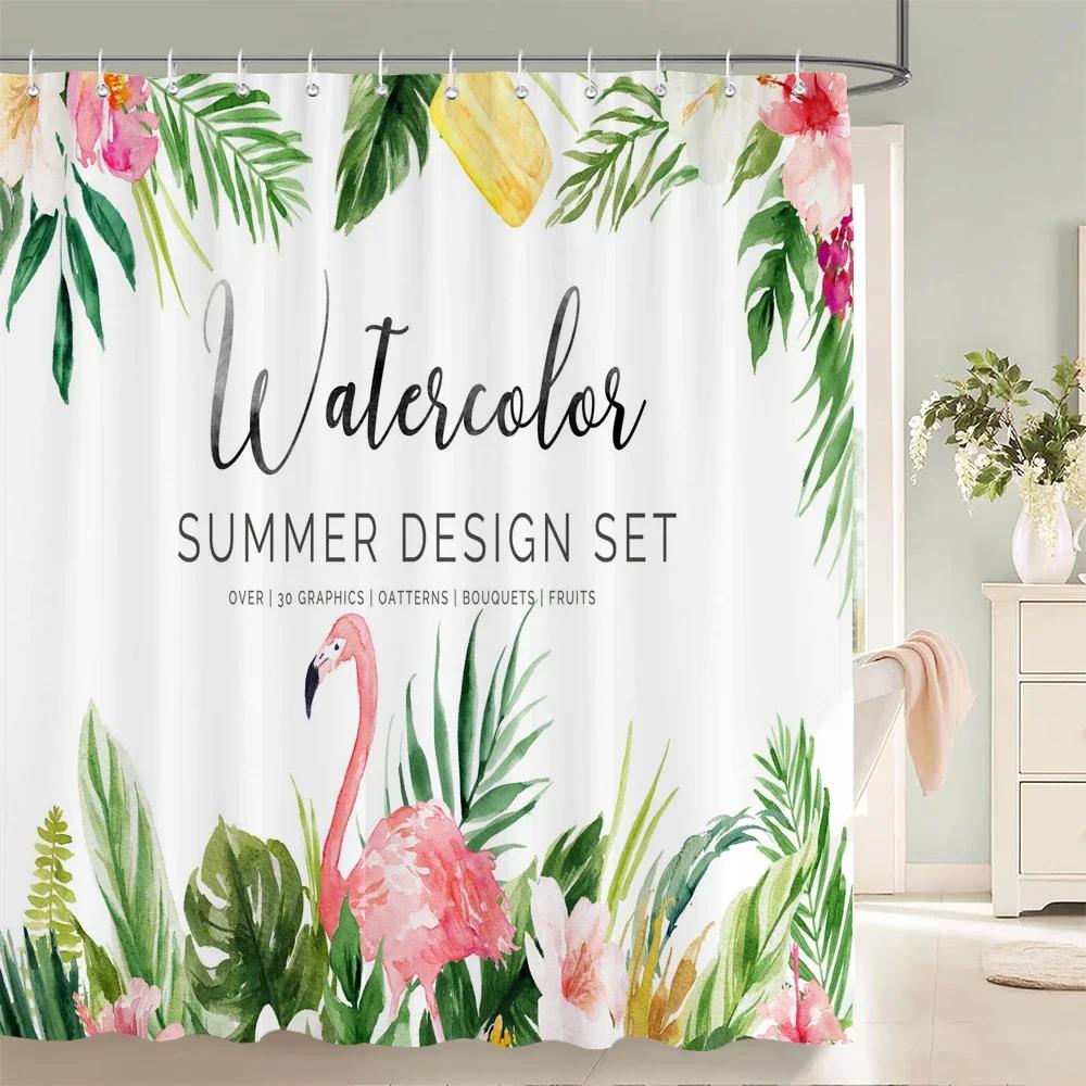 Pink Flamingo Pattern Shower Curtains for Bathroom Tropical Plant Flower and Bird Shower Curtain Waterproof Fabric with Hooks