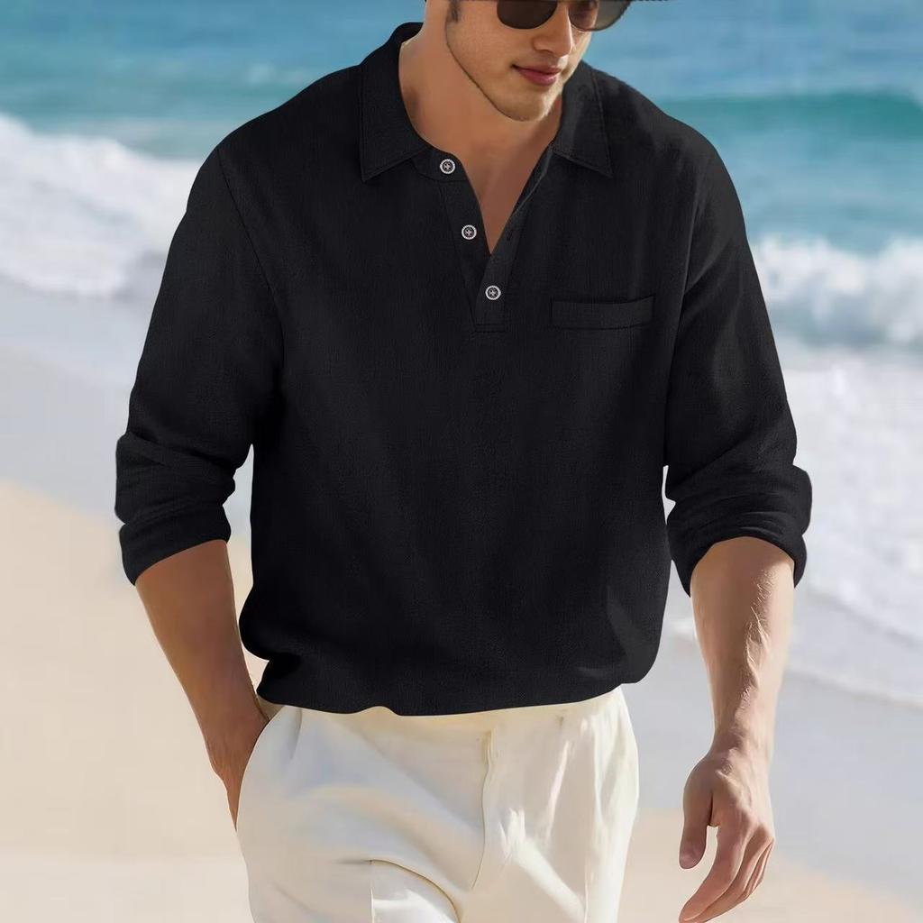 New Men's Cotton-Linen Blend Long-Sleeved Shirt Collarless Casual Loose-Fit Solid-Colour Linen Top Spring/Autumn Menswear