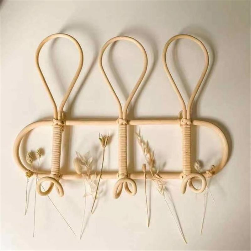 Handmade Rattan Wall Mounted Entryway Coat Rack Storage Organizer for Towels Space Saving Door Hanger with 3 Hooks